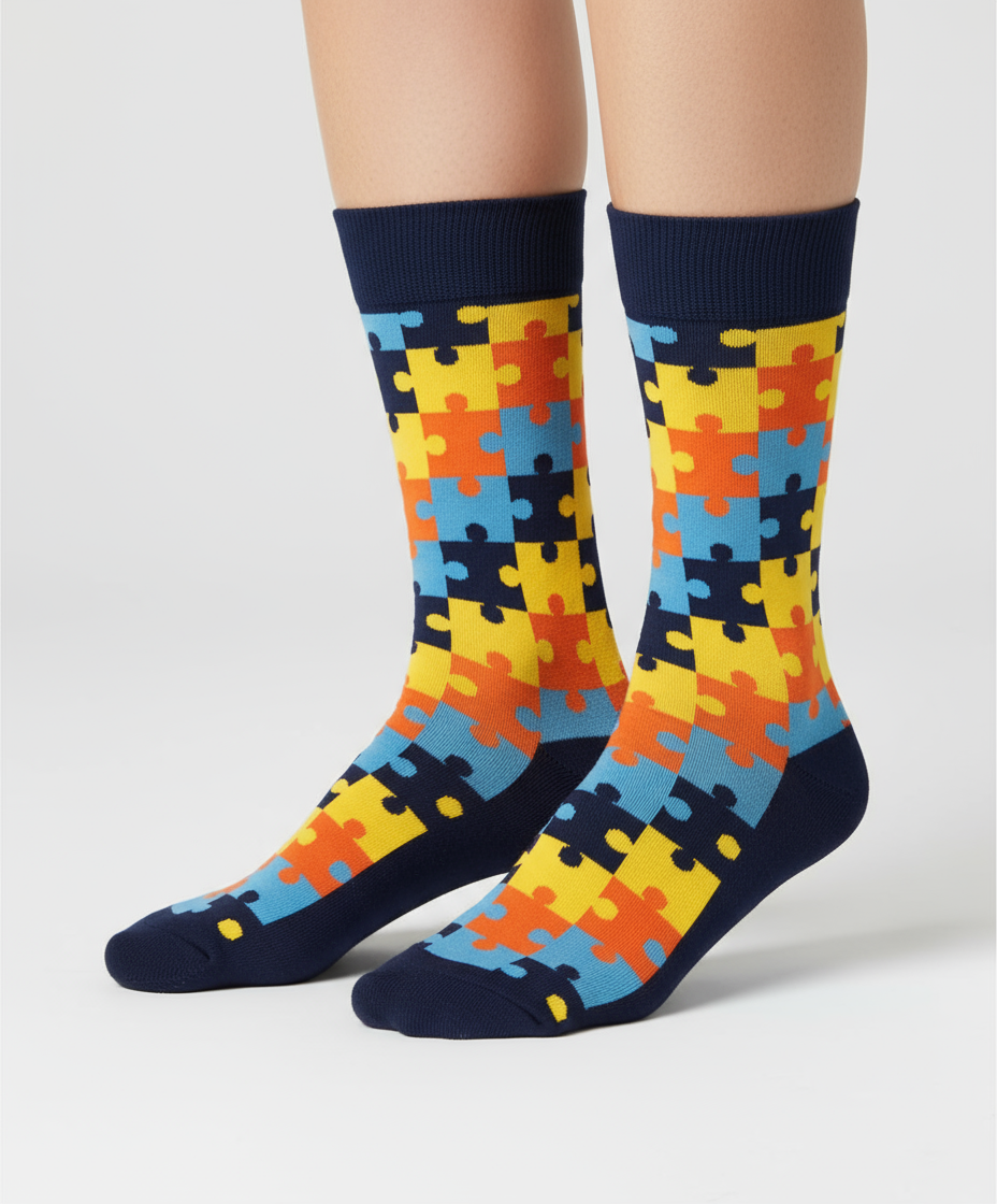 Funky Sunset Puzzle colorful patterned crew socks by ModSoles inspired by warm sunset tones and playful geometric shapes