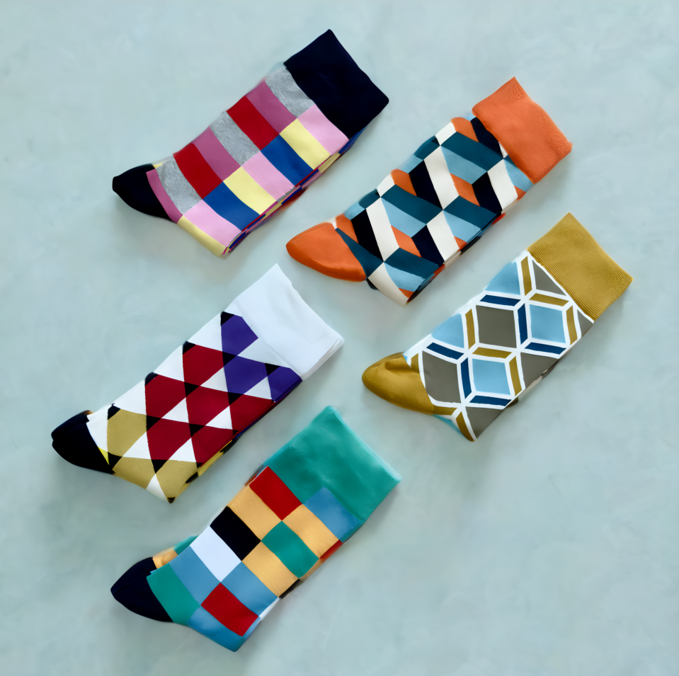 GeoMosaic Collection – premium 5-pack geometric socks in bold, modern colorways