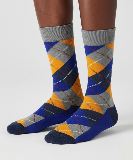 Golden Sky Argyle cotton crew socks from ModSoles with a bright multicolor diamond pattern inspired by golden sunrise and sky hues