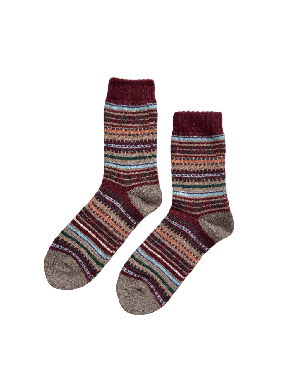 Chestnut Loom wool-blend knit socks featuring warm burgundy and tan striped pattern by ModSoles