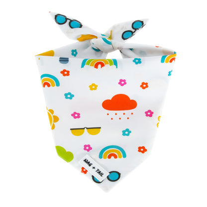 Reversible tie-on dog bandana lifestyle shot showing bandana tied on dog from front