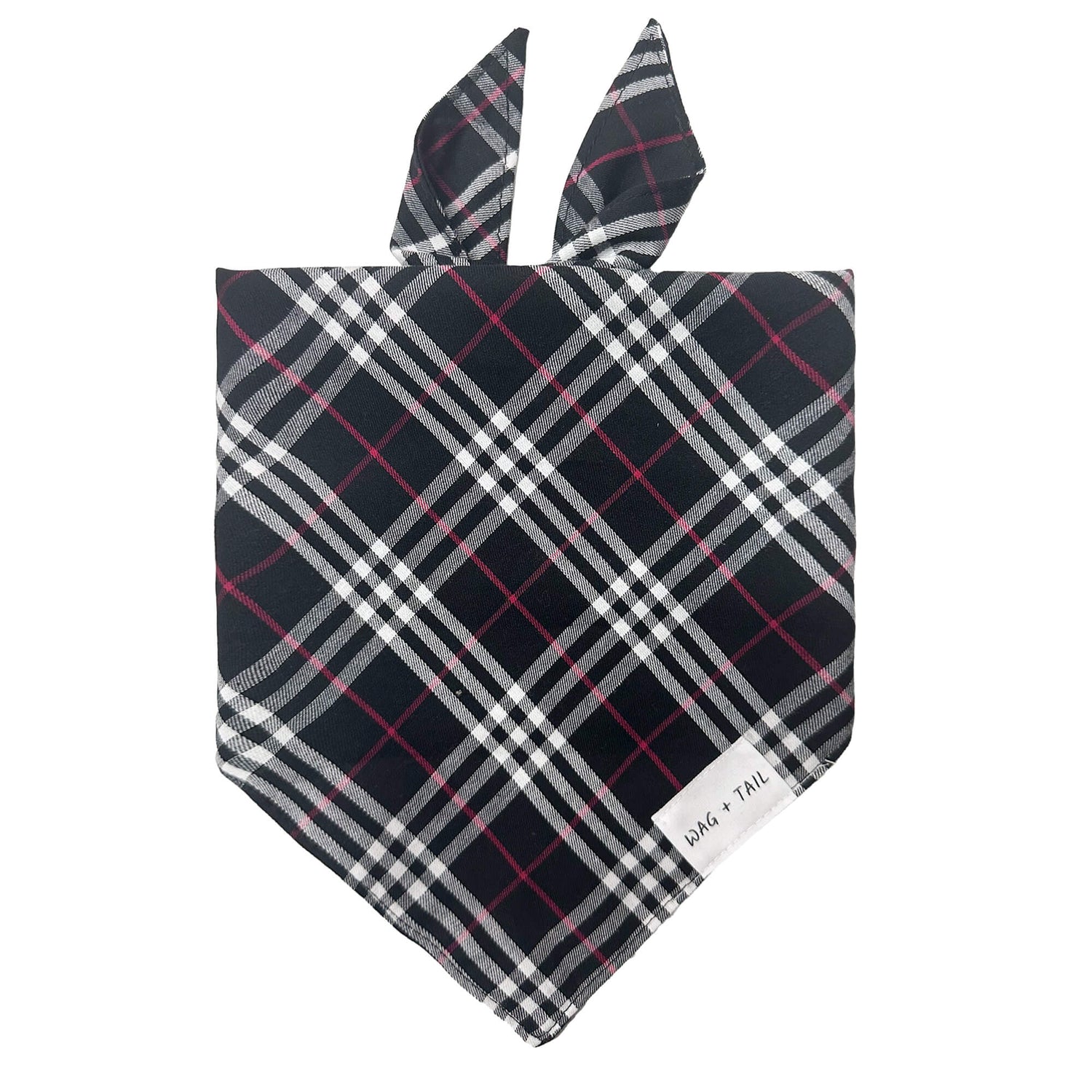 Licorice Plaid dog bandana lifestyle shot showing dark plaid bandana tied on dog