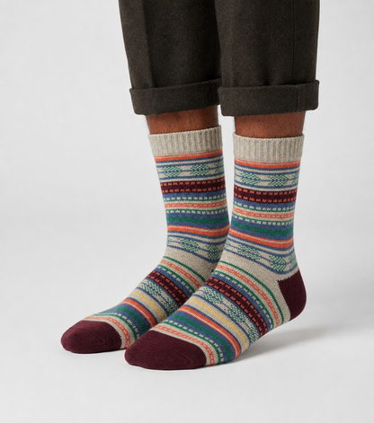 Maple Loom wool-blend socks flat lay showing warm earth-tone heritage knit pattern