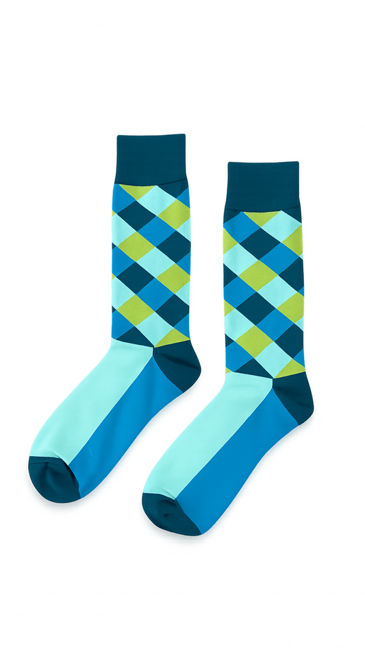 ModSoles Argyle Pop socks in vibrant blue, yellow, and teal with a bold argyle pattern – stylish unisex crew socks for men and women