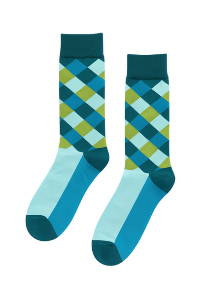 ModSoles Argyle Pop socks in vibrant blue, yellow, and teal with a bold argyle pattern 