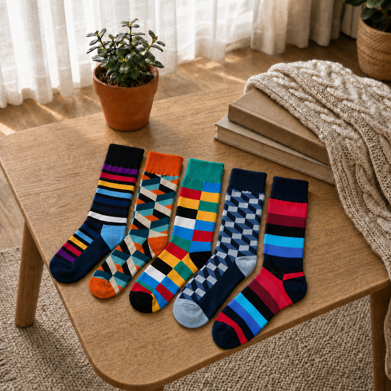 Momentum Pack crew socks, bold colorblock and stripe patterns from the five-pair bundle