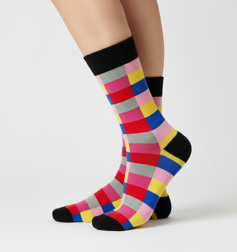 Nightfall Mosaic crew socks flat lay showing deep dark geometric mosaic pattern