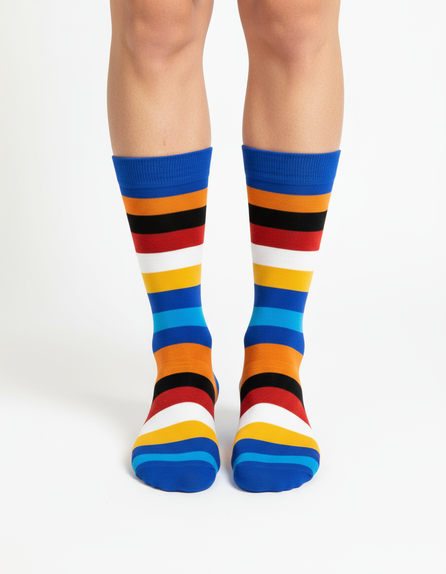 Ocean Burst crew socks flat lay showing blue, orange, and white stripe pattern