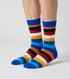 Ocean Burst crew socks flat lay showing blue, orange, and white stripe pattern