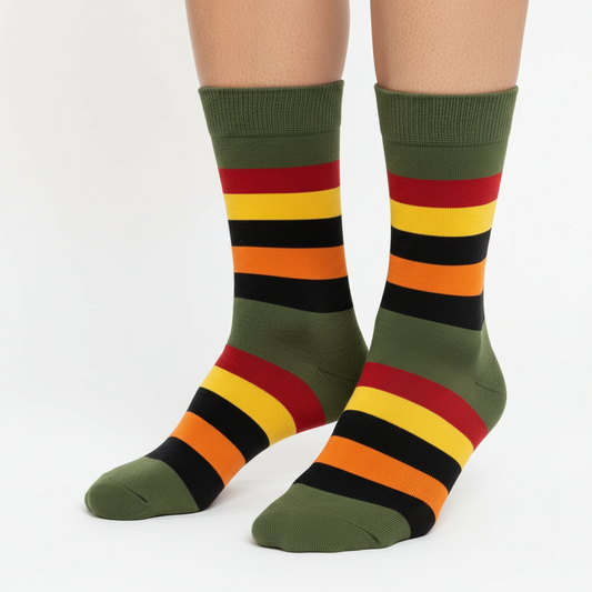 Olive Pine earthy striped crew socks by ModSoles featuring rich olive and pine tones for a warm natural look