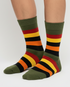 Olive Pine crew socks flat lay showing earthy olive base with red, orange, and gold stripe