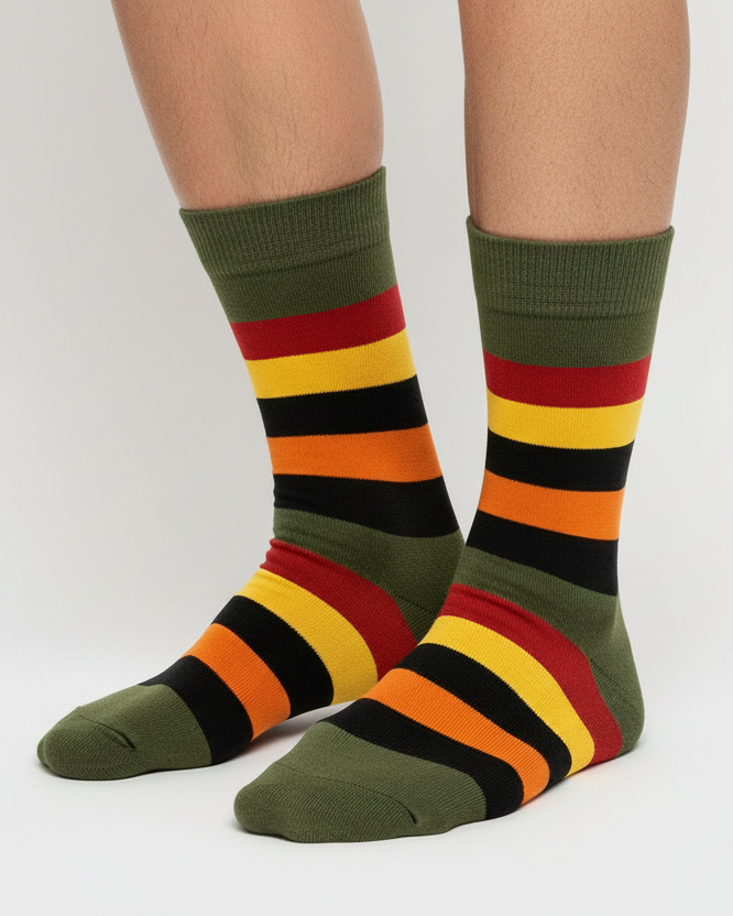 Olive Pine crew socks flat lay showing earthy olive base with red, orange, and gold stripe