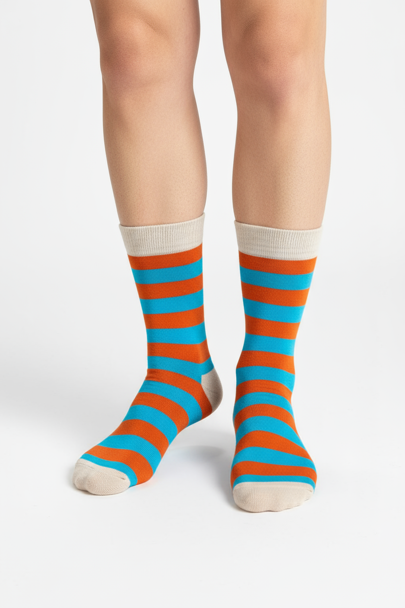 Pastel Pop crew socks flat lay showing soft blue, light orange, and beige stripe pattern
