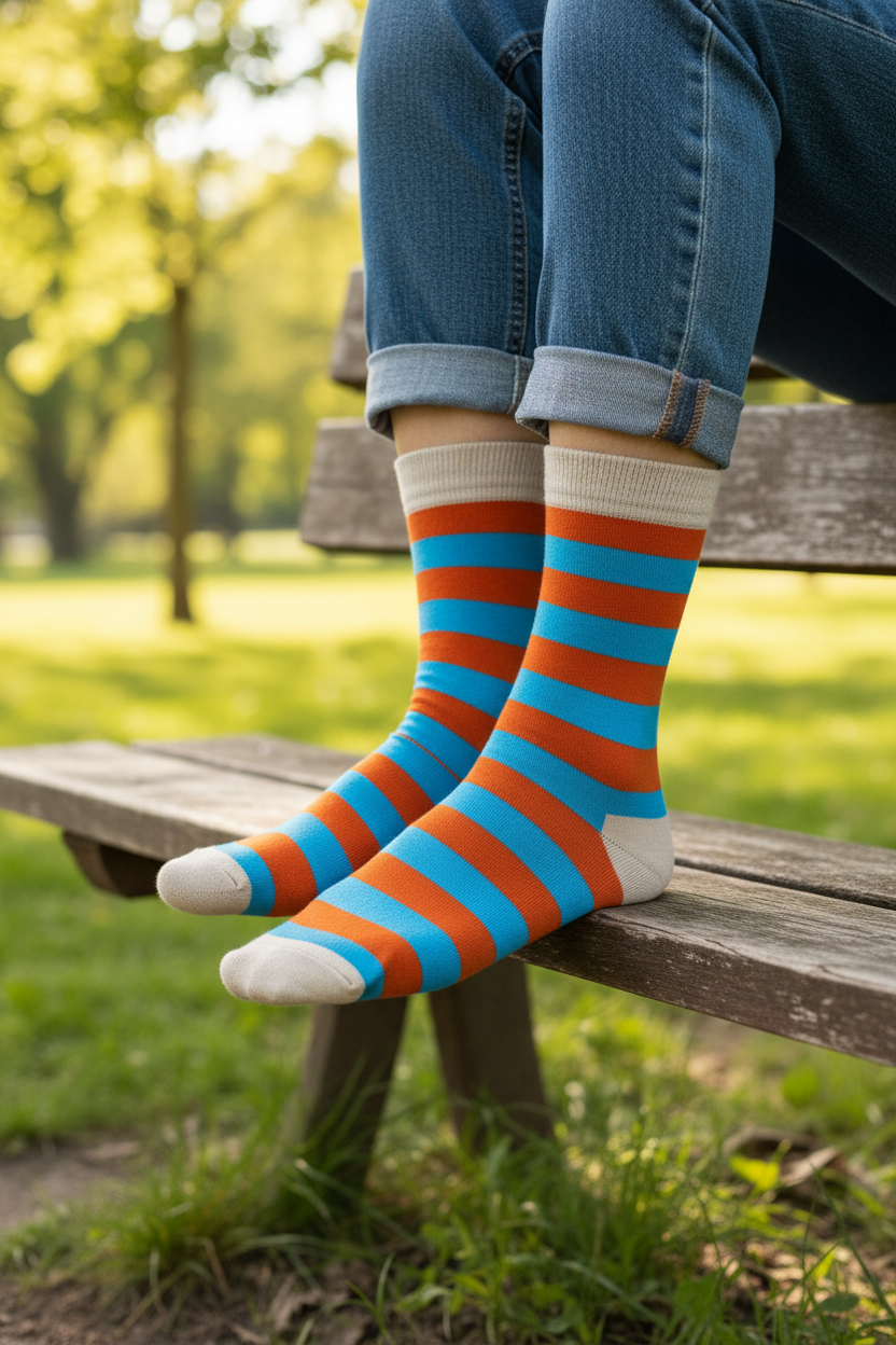 Pastel Pop crew socks with light orange, blue, and beige pastel stripes by ModSoles