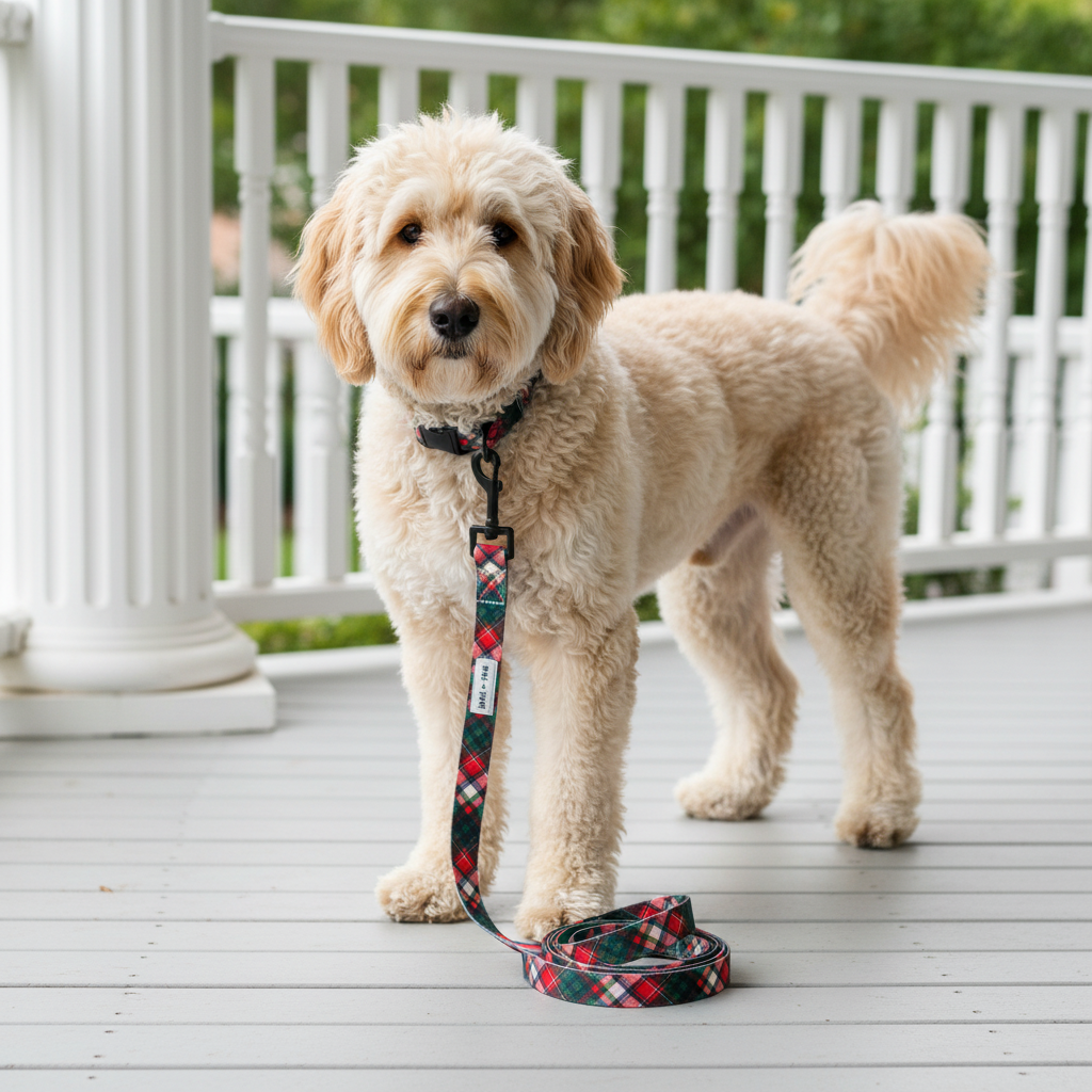 Wag + Tail Pawsitively Festive dog leash showing festive seasonal pattern and clip hardware