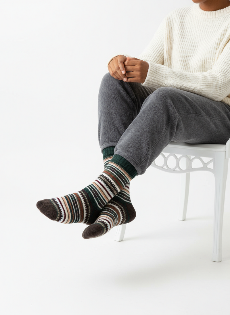 Pine Loom wool-blend knit socks with forest green and brown stripe pattern by ModSoles