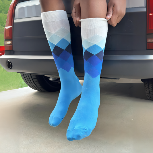Model wearing Prestige Azure socks – bold blue statement socks styled for daily wear.