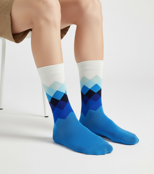 Prestige Azure unisex crew socks by ModSoles with a sleek ocean-blue color palette designed for a refined stylish look