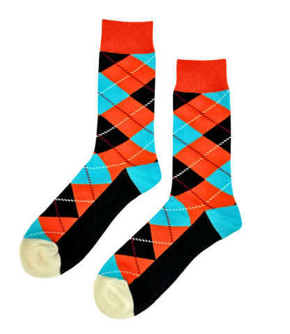 Prestige Flame Argyle socks with bold red and orange diamond patterns in classic style