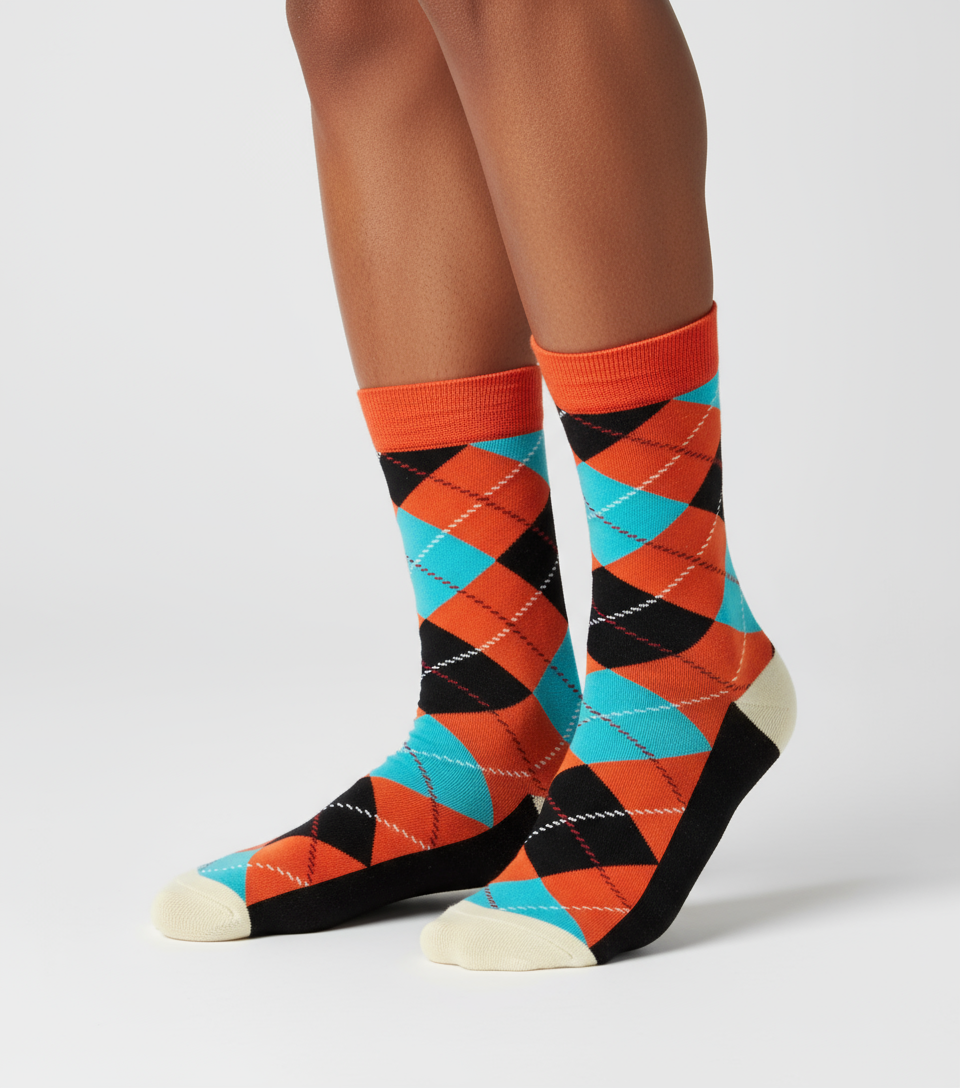 Prestige Flame Argyle unisex cotton crew socks from ModSoles with a bright multicolor diamond pattern designed for standout everyday outfits