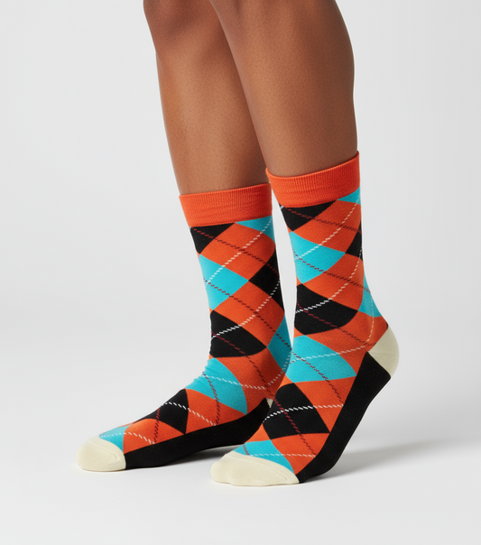 Prestige Flame Argyle unisex cotton crew socks from ModSoles with a bright multicolor diamond pattern designed for standout everyday outfits
