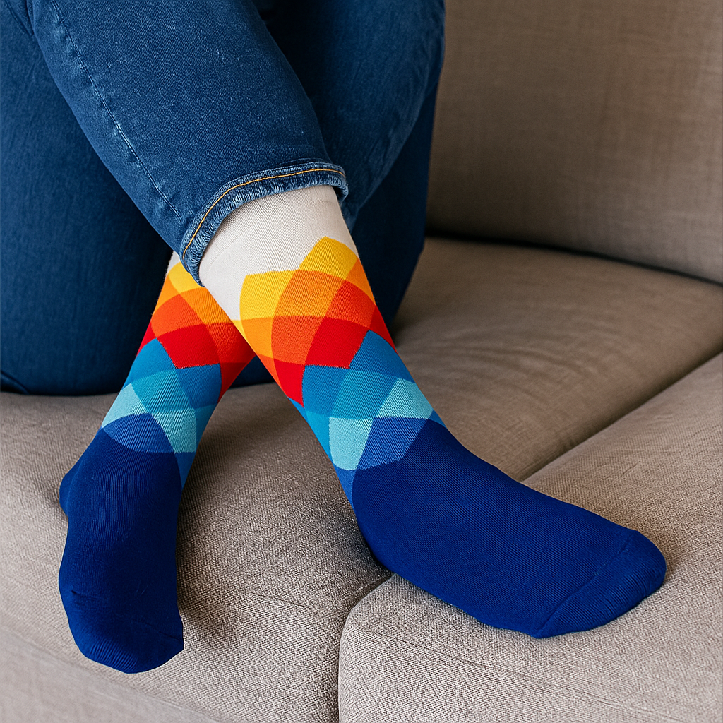 Prestige Spectrum argyle dress socks featuring bold blue, gray, and red diamond patterns – premium one-size-fits-all socks from ModSoles.