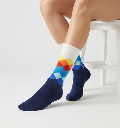 Prestige Spectrum crew socks flat lay showing full multicolor stripe spectrum pattern