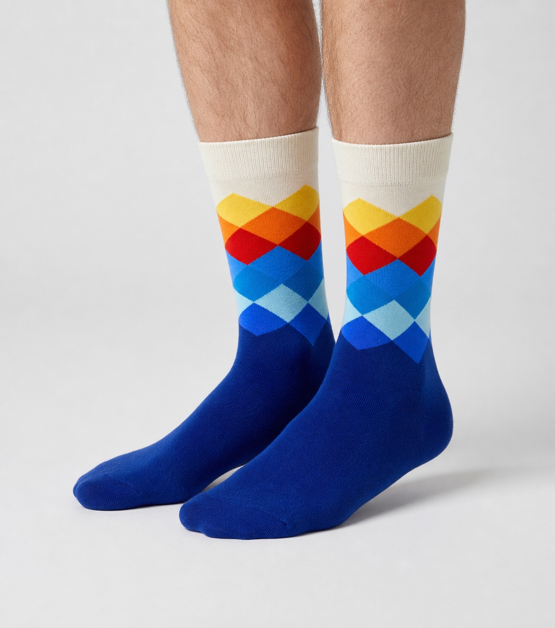 Prestige Spectrum crew socks flat lay showing full multicolor stripe spectrum pattern