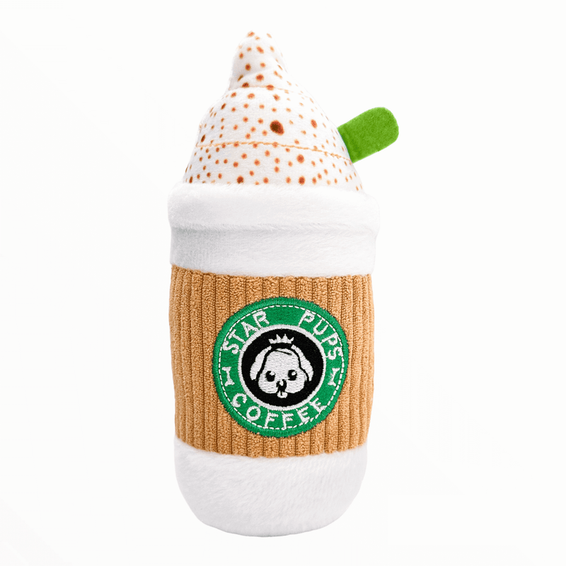 Puppuccino Pals plush dog toy, coffee-cup design with built-in squeaker