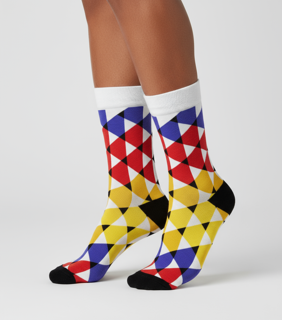 Radiant Mosaic crew socks flat lay showing full-color vibrant geometric mosaic pattern