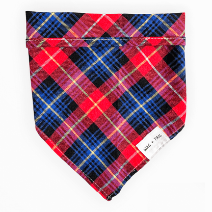Red Blue Plaid reversible dog bandana flat lay showing red and blue plaid pattern