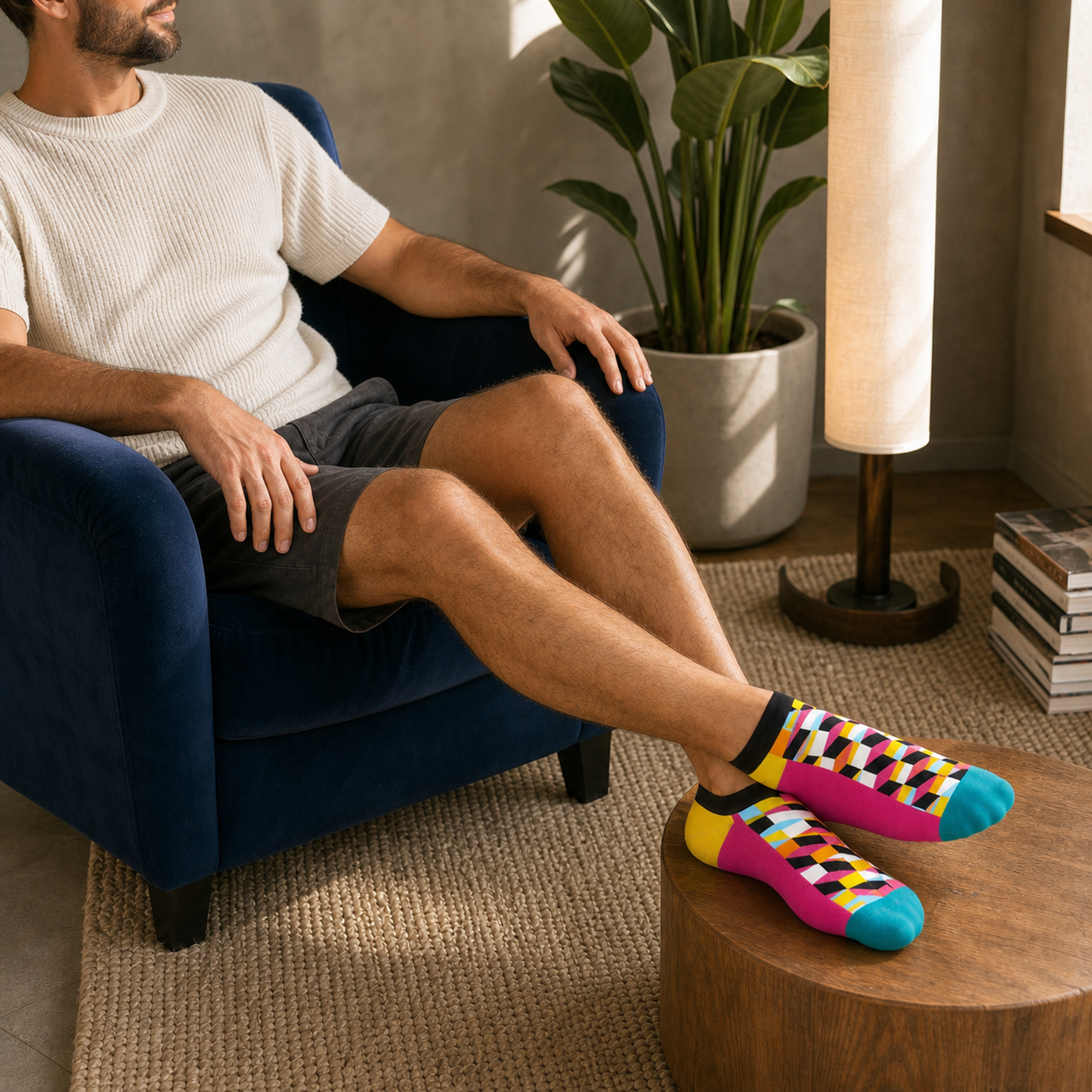 Remix Pack geo socks in pink and teal, styled for everyday wear