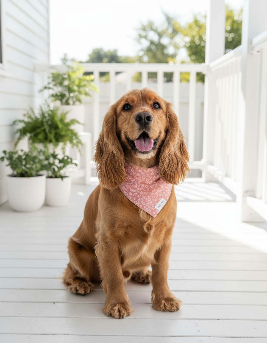 Wag + Tail Rose Garden dog scarf showing floral rose print tie-on scarf flat lay