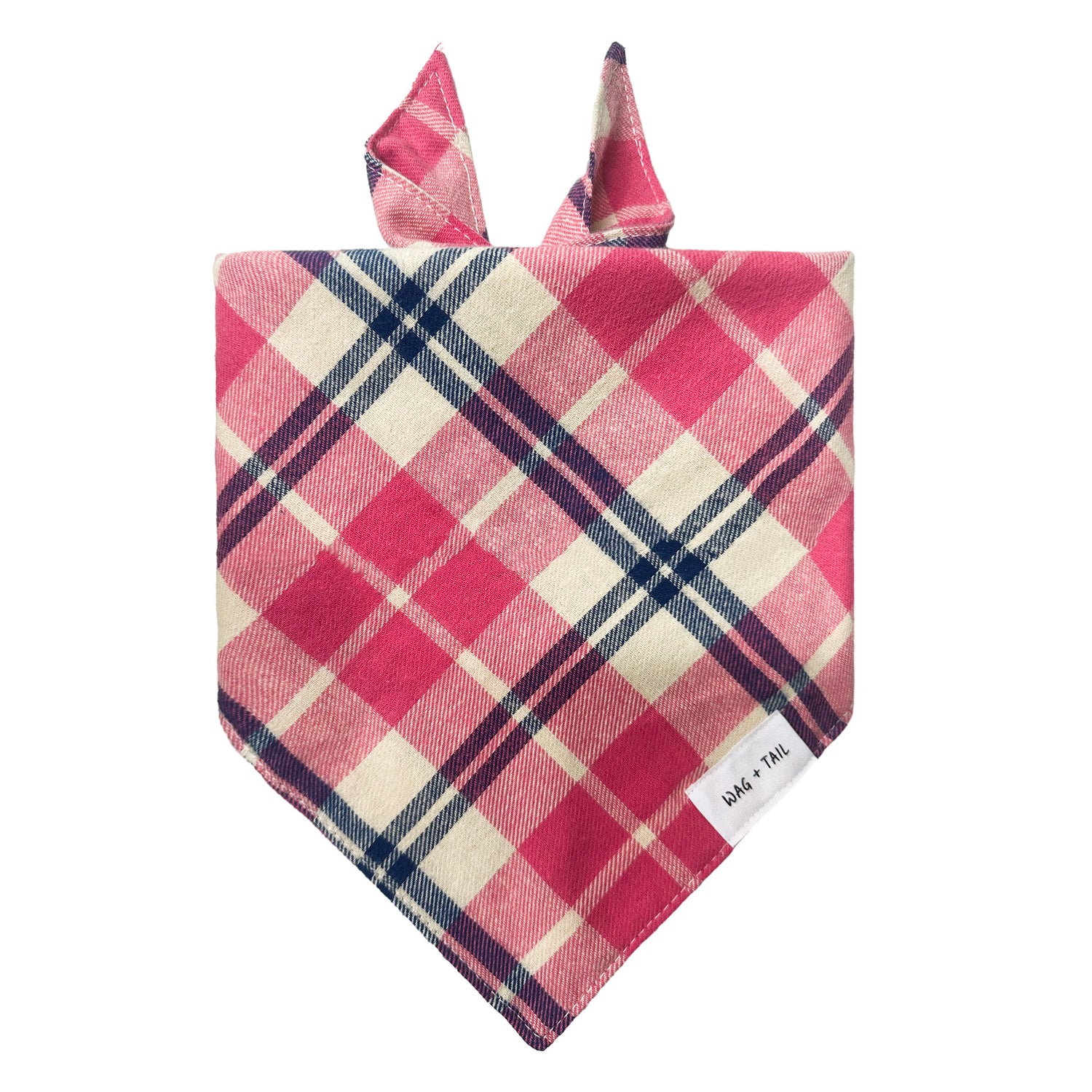 Rose Plaid dog bandana lifestyle shot showing soft rose plaid tied on dog