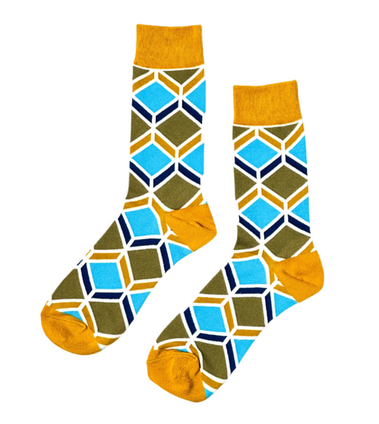Sandstone Mosaic socks with earthy tones and geometric stripe pattern