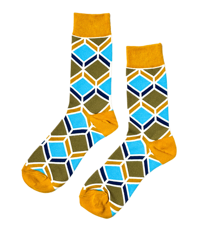 Sandstone Mosaic socks close-up showing earthy tan geometric mosaic knit construction