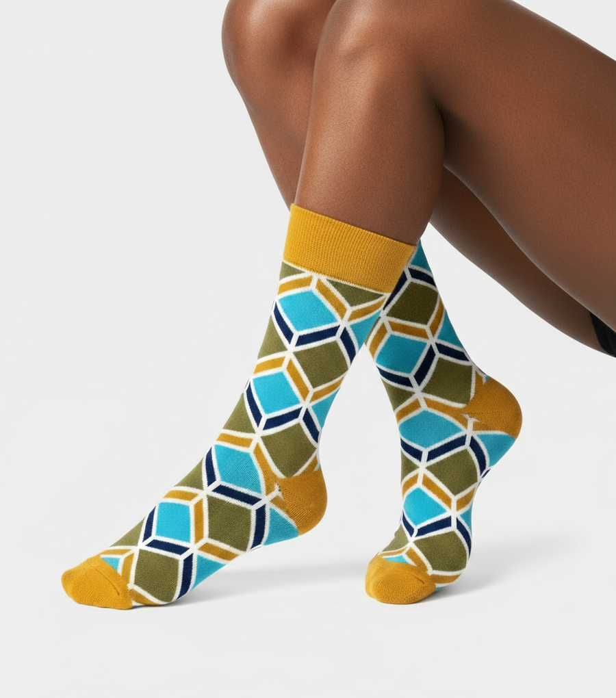 Sandstone Mosaic crew socks flat lay showing warm desert-tone geometric mosaic pattern