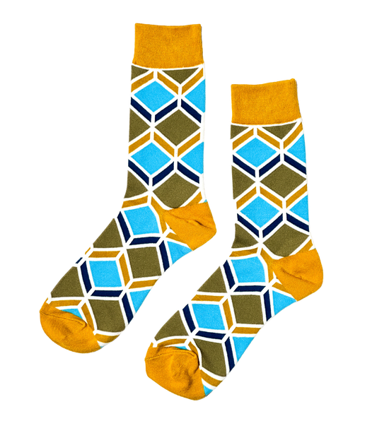 Sandstone Mosaic socks by Modsoles with earthy tones and geometric designs