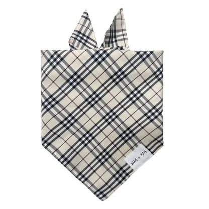 Sandstone Plaid dog bandana lifestyle shot showing warm neutral plaid bandana tied on dog
