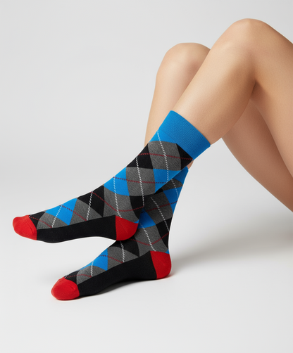 Slate Fusion Argyle crew socks flat lay showing cool slate gray base with bright accent diamond pattern
