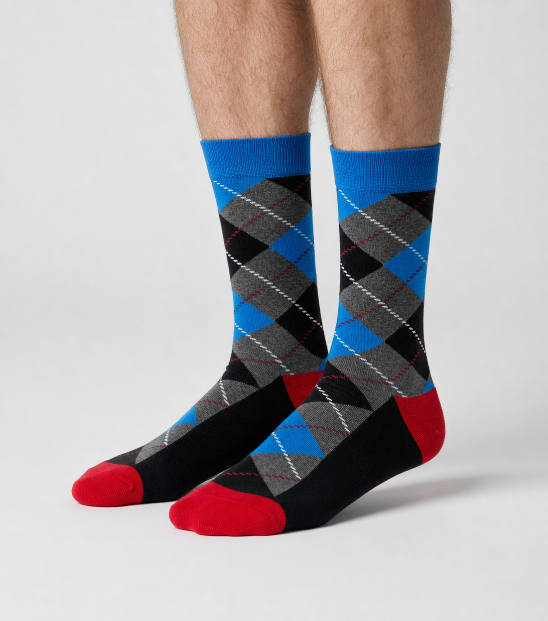 Slate Fusion Argyle crew socks flat lay showing cool slate gray base with bright accent diamond pattern