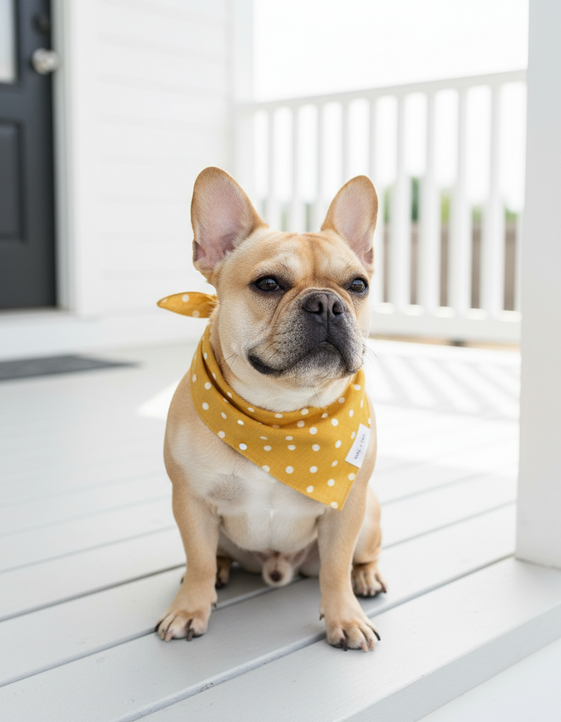 Wag + Tail Sunshine Spot dog scarf showing yellow sunshine print tie-on bandana flat lay