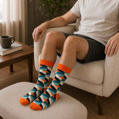 Tangerine Mosaic crew socks, orange geometric mosaic pattern, from the Momentum Pack