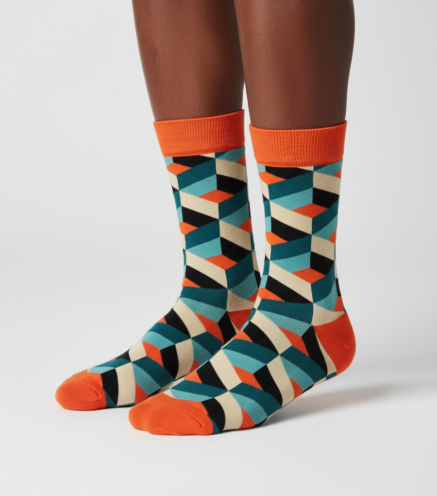 Tangerine Mosaic crew socks flat lay showing bright tangerine orange geometric mosaic pattern