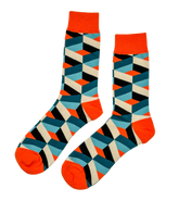 Tangerine Mosaic socks with vibrant orange tones and geometric stripe design