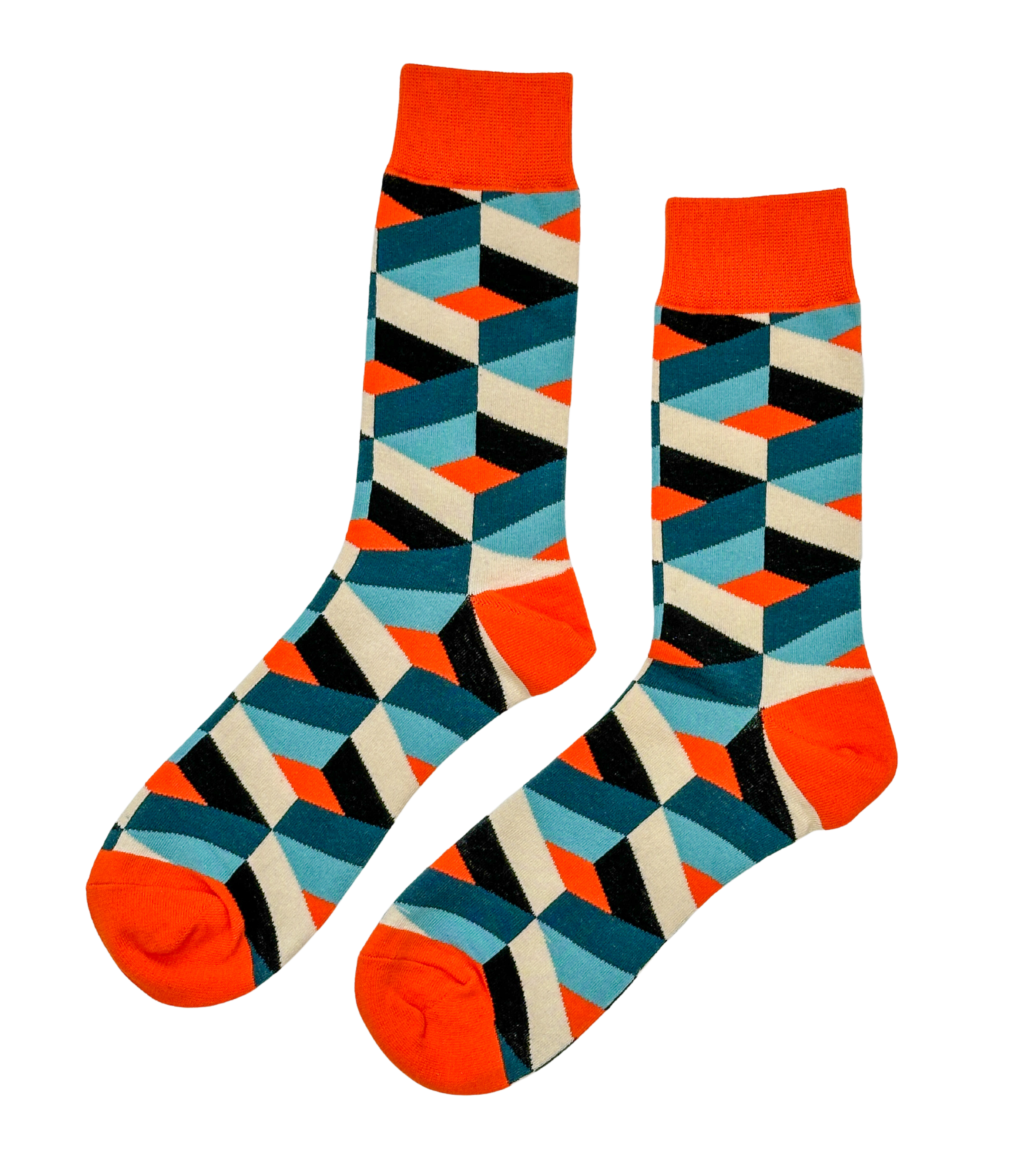 Tangerine Mosaic socks with vibrant orange tones and geometric stripe design