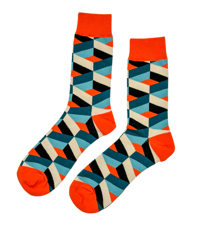 Tangerine Mosaic socks with vibrant orange tones and geometric stripe design