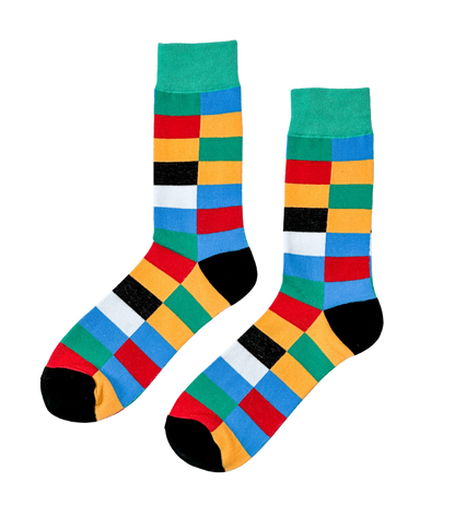 Urban Mosaic socks close-up showing city-inspired multicolor mosaic geometric knit detail