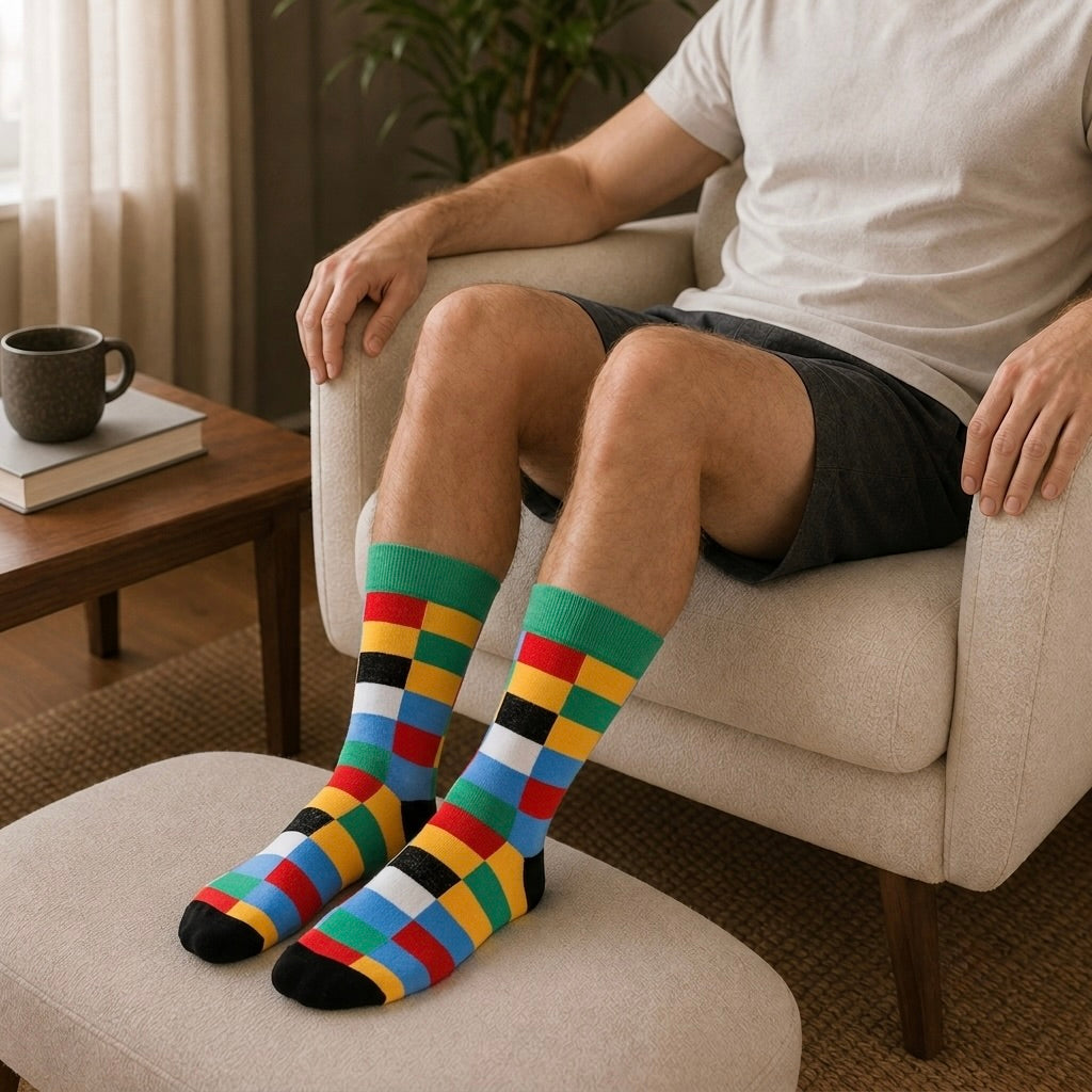 Urban Mosaic crew socks, colorful geometric mosaic pattern, from the Momentum Pack