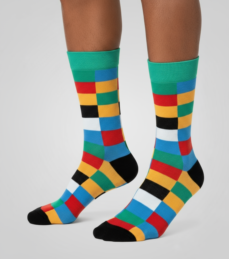 Urban Mosaic unisex abstract crew socks by ModSoles with a colorful city-inspired mosaic pattern for a modern artsy look